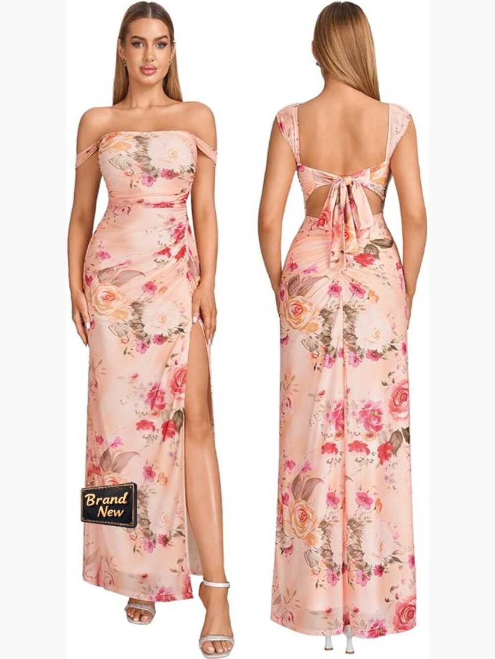 Off Shoulder Floral Maxi Dress Back Bow Tie Split Ruched Bodycon Formal Long